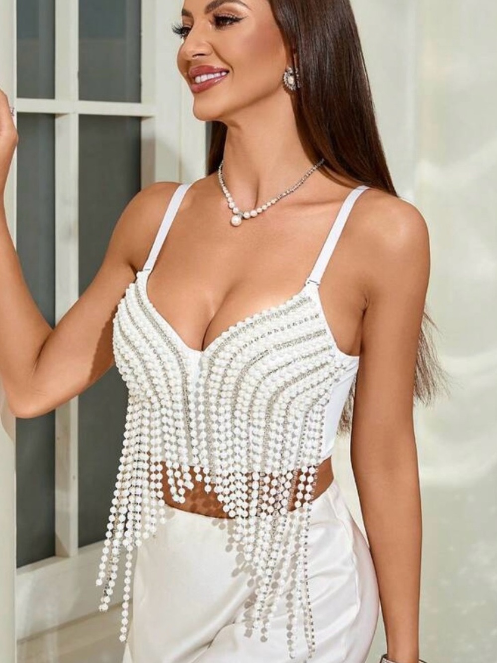 Pearl Tassel Bralette Top White with Silver Detail